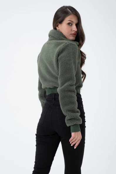 Kadın Fermuarlı Kısa Polar Ceket & Mont Yeşil - 4