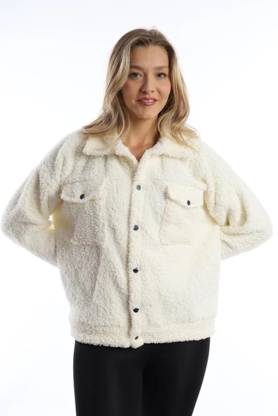 Kadın Çıt Çıt Kapamalı Kıvırcık Peluş Ceket  Ekru - Resim 9
