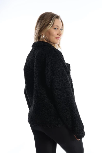 Kadın Çıt Çıt Kapamalı Kıvırcık Peluş Ceket  Siyah - Resim 10