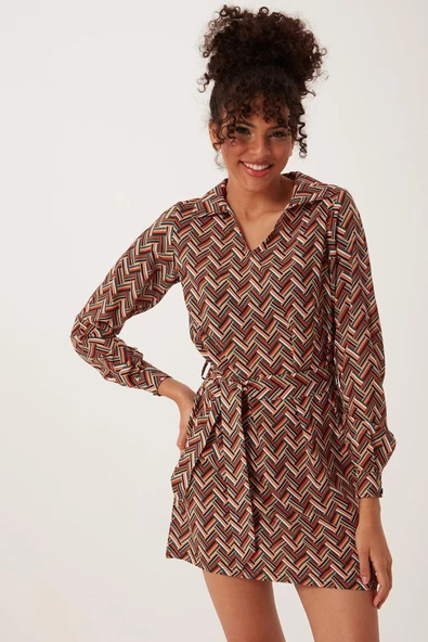 Kadın Desenli Mini Elbise Taba - Resim 9