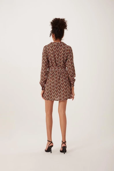 Kadın Desenli Mini Elbise Taba - Resim 4