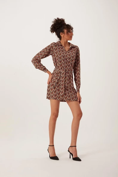 Kadın Desenli Mini Elbise Taba - Resim 3