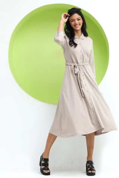 Kadın Polo Yaka Düğmeli Belden Kuşaklı Uzun Elbise Bej - Resim 11