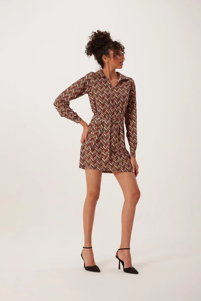 Kadın Desenli Mini Elbise Taba - Resim 11