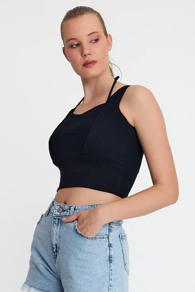 Kadın Ense Biye Detaylı Crop Siyah - Resim 7