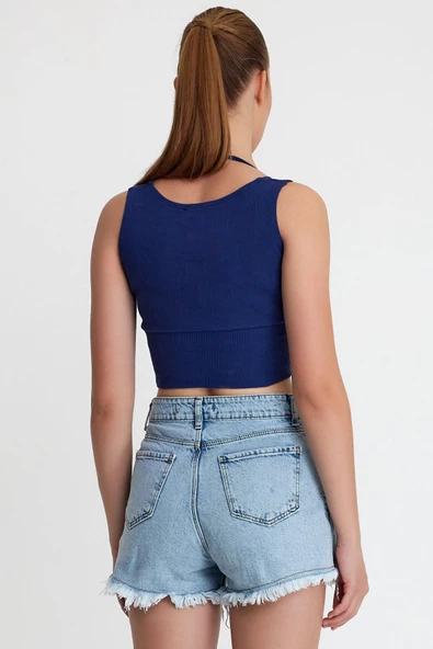 Kadın Ense Biye Detaylı Crop İndigo - Resim 5
