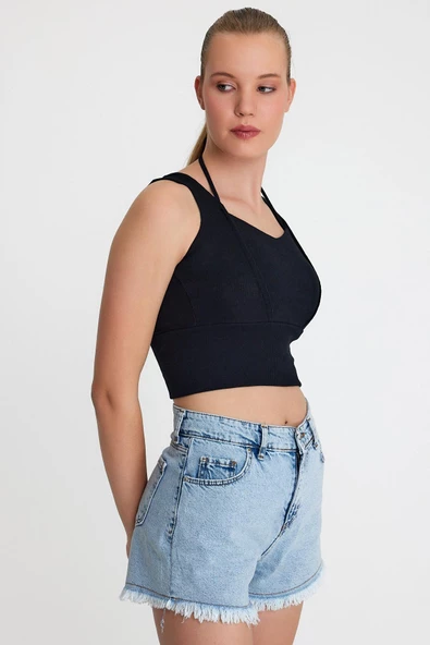 Kadın Ense Biye Detaylı Crop Siyah - Resim 3