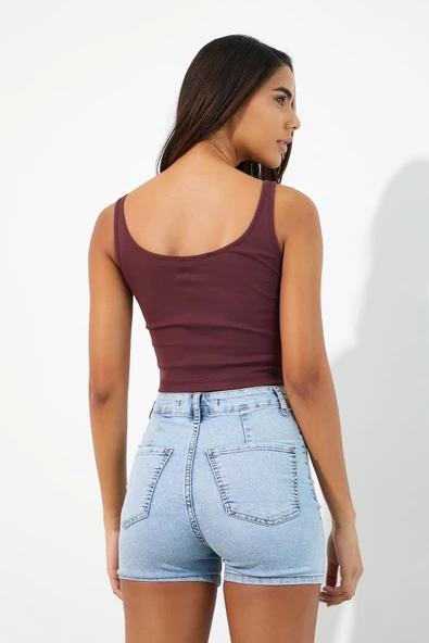 Nakışlı Kadın Askılı Crop Atlet Bordo - Resim 5