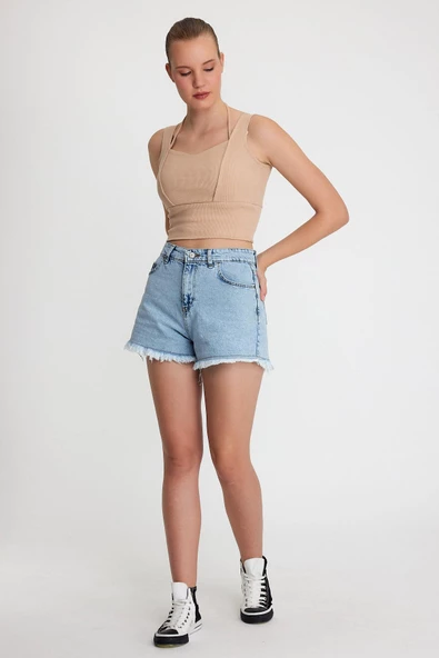 Kadın Ense Biye Detaylı Crop Bej - Resim 11