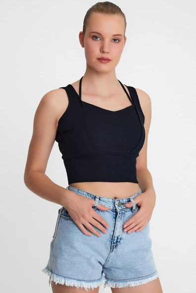 Kadın Ense Biye Detaylı Crop Siyah - Resim 11