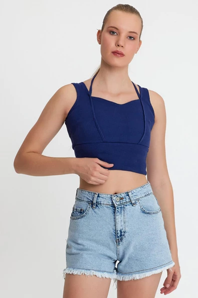 Kadın Ense Biye Detaylı Crop İndigo - Resim 11