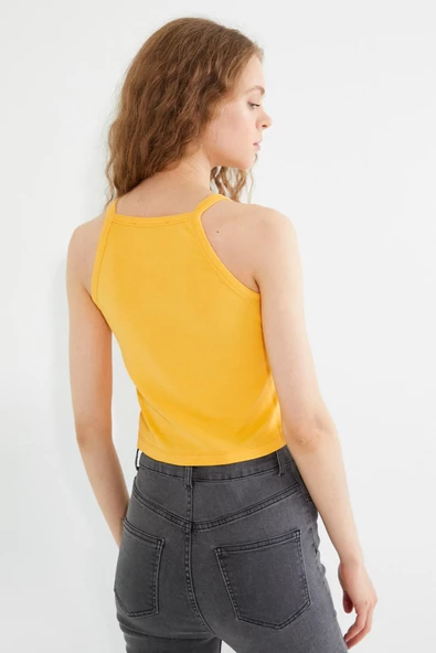 Kadın Papatya Nakışlı Askılı Crop Atlet Sarı - Resim 8