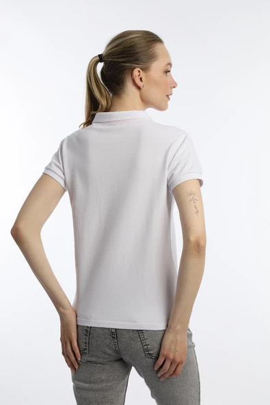 Kadın Biye Detaylı Polo Yaka Tişört Beyaz - Resim 4