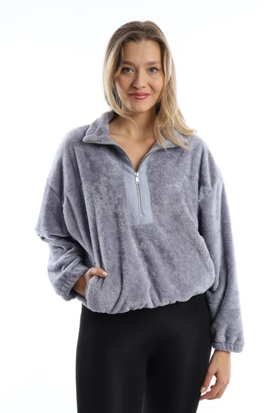 Kadın Dik Yaka Fermuarlı Peluş Gri - Resim 9