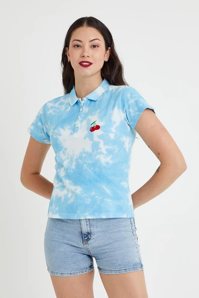 Kadın Batik Yıkamalı t-shirt  Mavi - 6