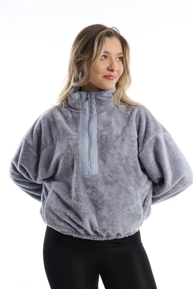 Kadın Dik Yaka Fermuarlı Peluş Gri - Resim 7