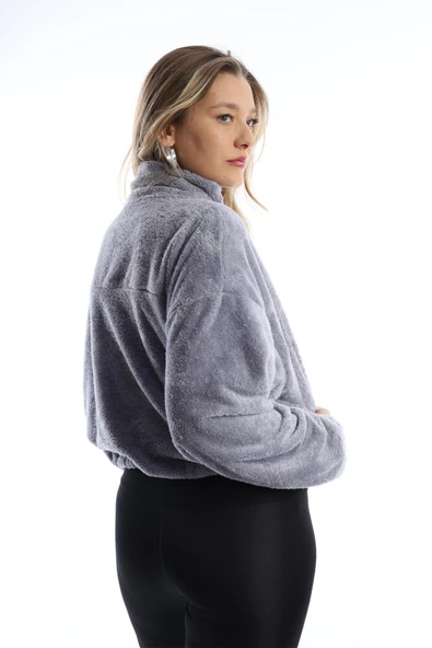 Kadın Dik Yaka Fermuarlı Peluş Gri - Resim 10