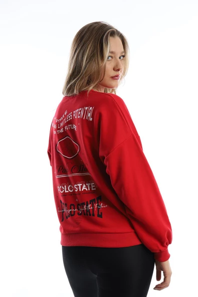 Kadın Ön Arka Polo State Baskılı 3 İplik Sweat  Kırmızı - Resim 5