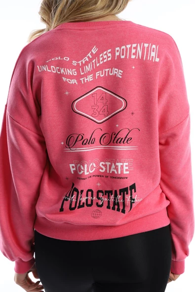 Kadın Ön Arka Polo State Baskılı 3 İplik Sweat Rose - Resim 7