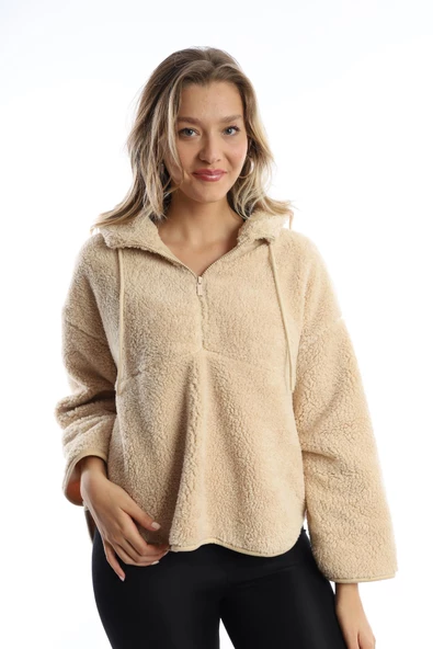 Kadın Kapüşonlu Peluş Sweat Ekru - 11