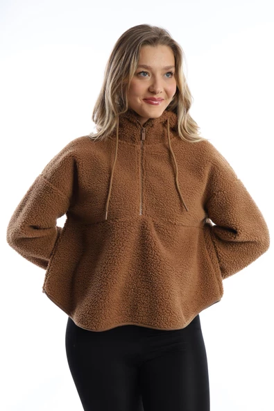 Kadın Kapüşonlu Peluş Sweat Tütün - Resim 6