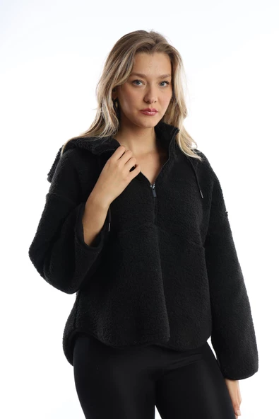 Kadın Kapüşonlu Peluş Sweat Siyah - Resim 8