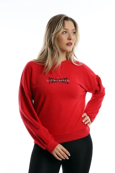 Kadın Ön Arka Polo State Baskılı 3 İplik Sweat  Kırmızı - Resim 3