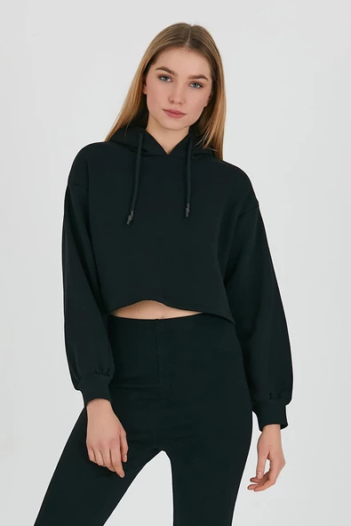 Kadın 3 İplik Kapüşonlu Crop Sweatshirt Siyah