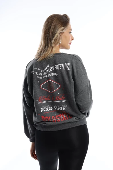 Kadın Ön Arka Polo State Baskılı 3 İplik Sweat  Antrasit - Resim 5