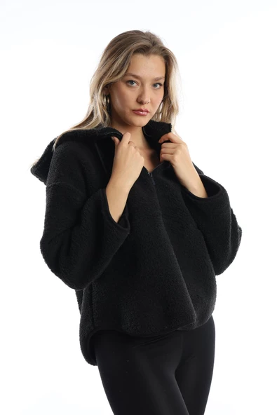 Kadın Kapüşonlu Peluş Sweat Siyah - Resim 4