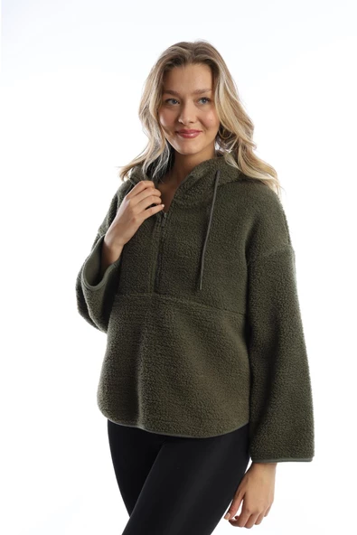 Kadın Kapüşonlu Peluş Sweat Haki - Resim 11
