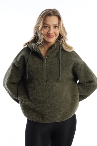 Kadın Kapüşonlu Peluş Sweat Haki - Resim 2