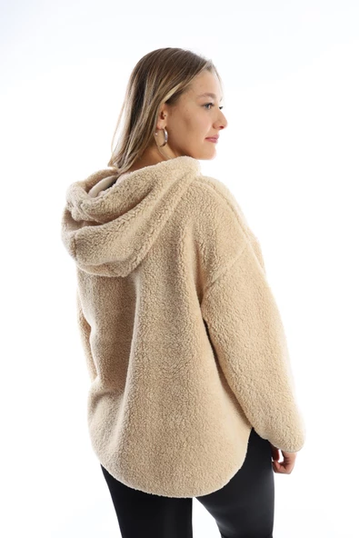 Kadın Kapüşonlu Peluş Sweat Ekru - 5