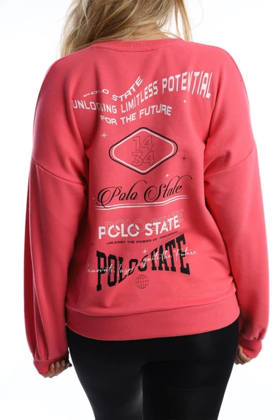 Kadın Ön Arka Polo State Baskılı 3 İplik Sweat Pembe - Resim 2