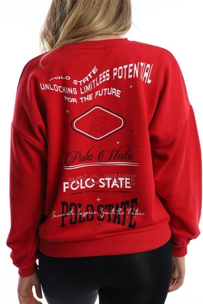 Kadın Ön Arka Polo State Baskılı 3 İplik Sweat  Kırmızı - Resim 12