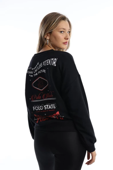 Kadın Ön Arka Polo State Baskılı 3 İplik Sweat Siyah - Resim 10