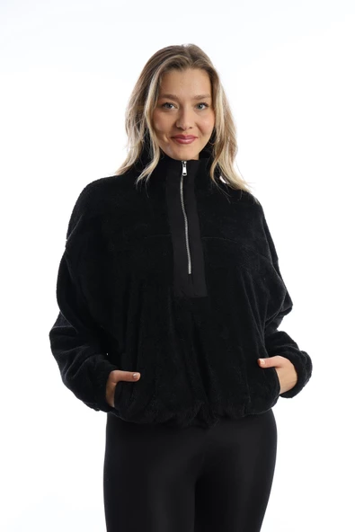 Kadın Dik Yaka Fermuarlı Peluş Siyah - Resim 6