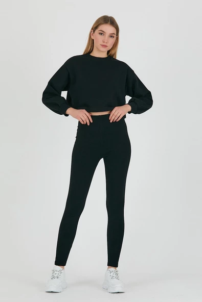 Kadın Bisiklet Yaka 3 İplik Sweatshirt Siyah - Resim 11