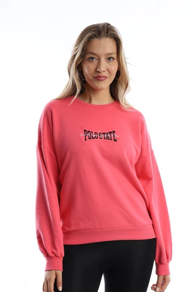 Kadın Ön Arka Polo State Baskılı 3 İplik Sweat Pembe - Resim 6