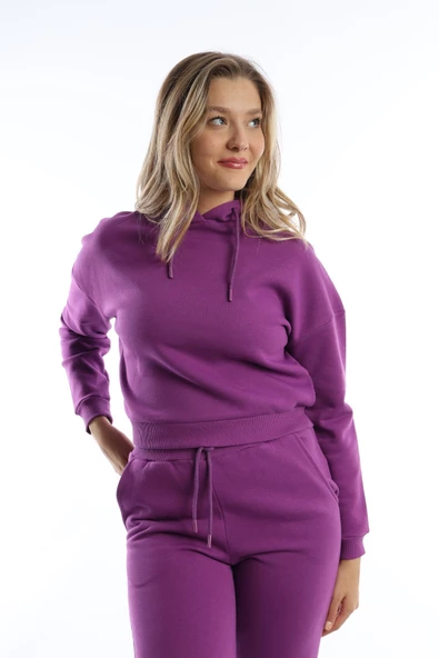 Kadın Kapüşonlu 3 İplik Şardonlu Sweat Mor - Resim 9