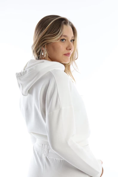 Kadın Kapüşonlu 3 İplik Şardonlu Sweat Ekru - Resim 5