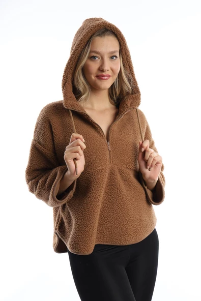 Kadın Kapüşonlu Peluş Sweat Tütün - Resim 9