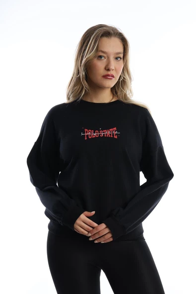 Kadın Ön Arka Polo State Baskılı 3 İplik Sweat Siyah - Resim 3