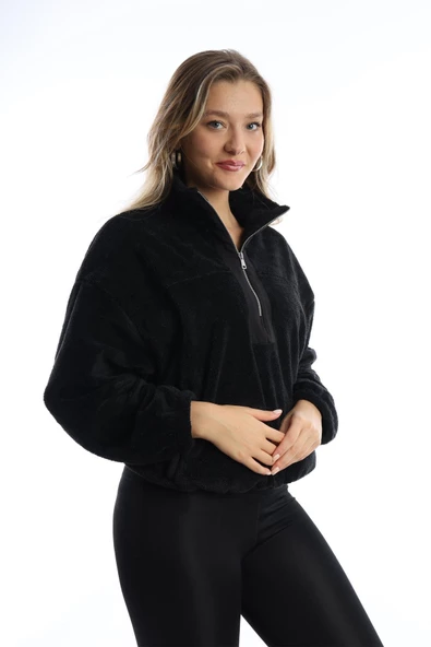 Kadın Dik Yaka Fermuarlı Peluş Siyah - Resim 4