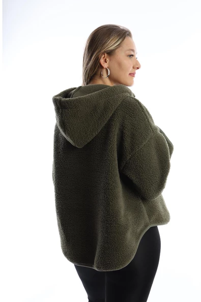 Kadın Kapüşonlu Peluş Sweat Haki - Resim 10