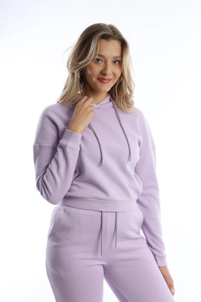 Kadın Kapüşonlu 3 İplik Şardonlu Sweat Lila - Resim 6