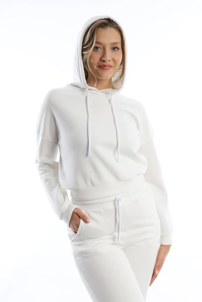 Kadın Kapüşonlu 3 İplik Şardonlu Sweat Ekru - Resim 9