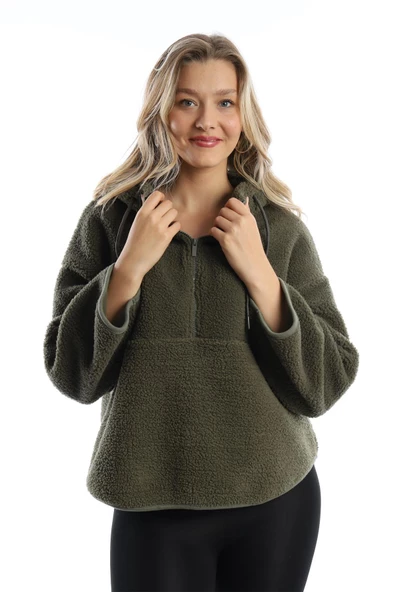 Kadın Kapüşonlu Peluş Sweat Haki - Resim 8
