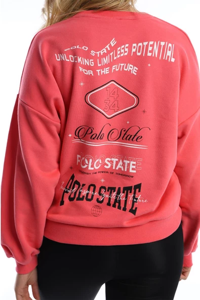Kadın Ön Arka Polo State Baskılı 3 İplik Sweat  Fuşya - Resim 2
