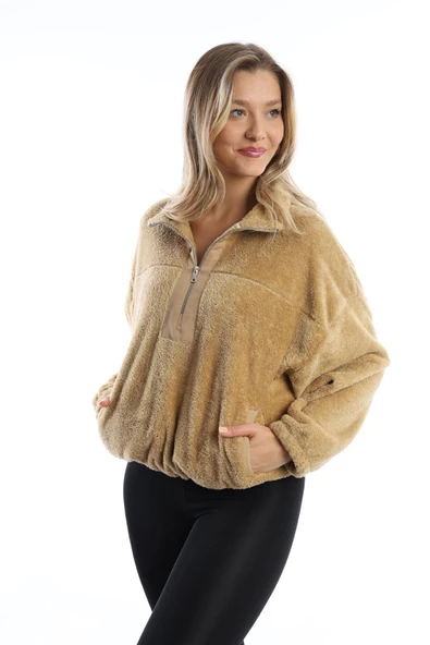 Kadın Dik Yaka Fermuarlı Peluş Bej - Resim 8